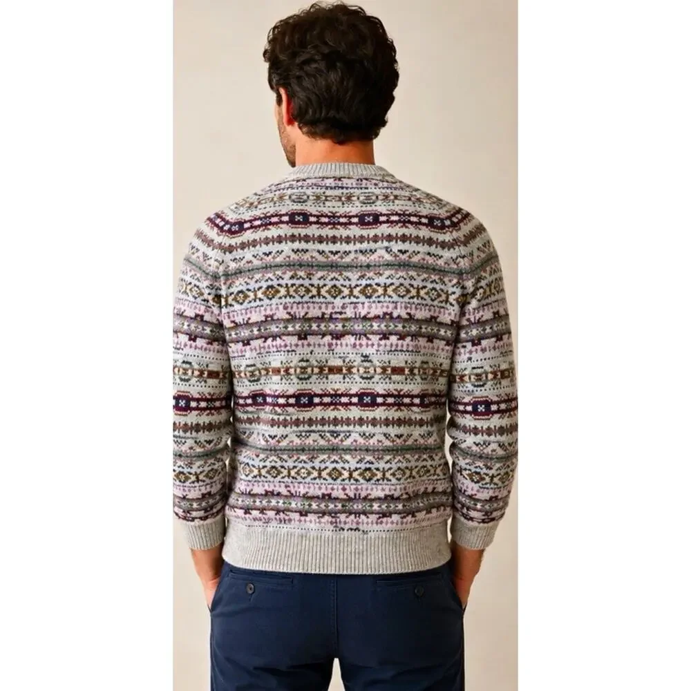 J. Crew Mens Sweater Medium Striped Gray Fair Isle Supersoft Lambs Wool Crewneck